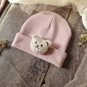 Czapka prążek dwuwarstwowa Brudny róż z misiem