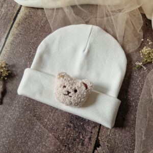 Czapka prążek dwuwarstwowa Biały ecru z misiem