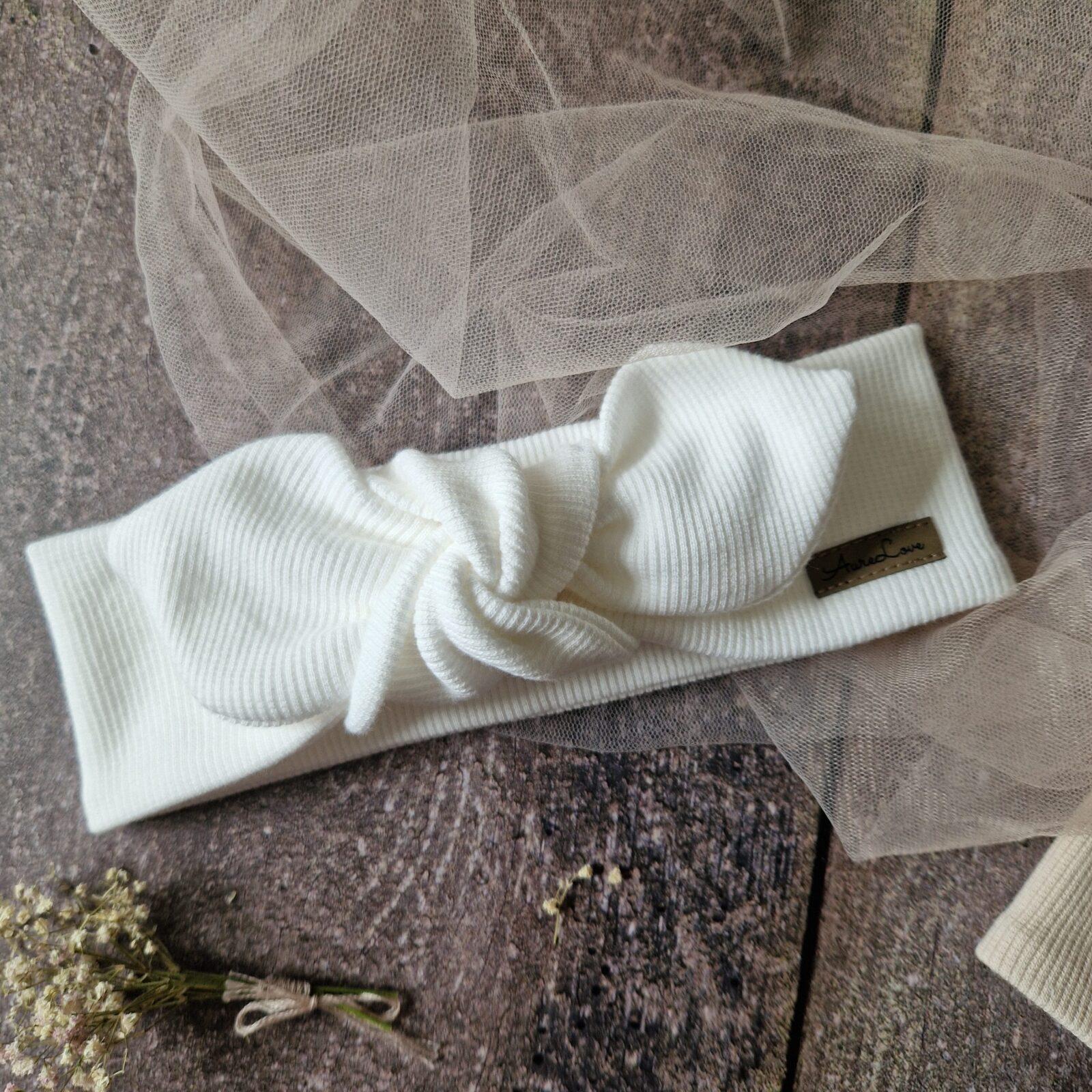 opaska 2w1 z kokardką i prążkiem biały/ecru, ręcznie szyta