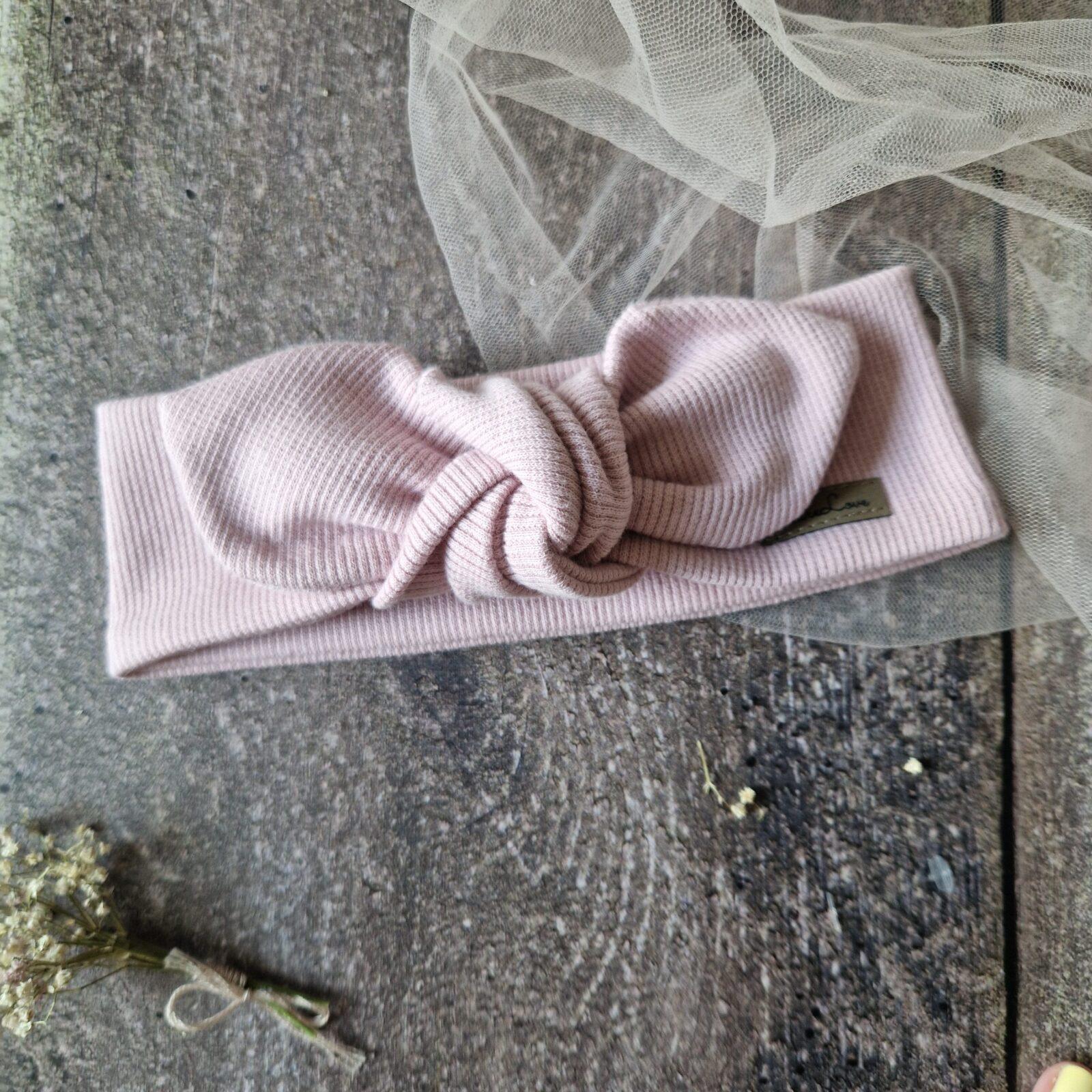 opaska 2w1 z kokardką i prążkiem w kolorze brudny róż, ręcznie szyta