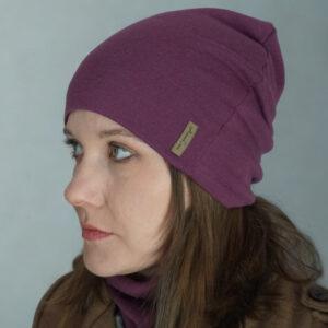 Czapka z wełny merino - interlock JAGODOWA klasyczna