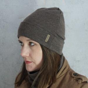 Czapka z wełny merino - interlock BRĄZ MELANŻ z wywinięciem
