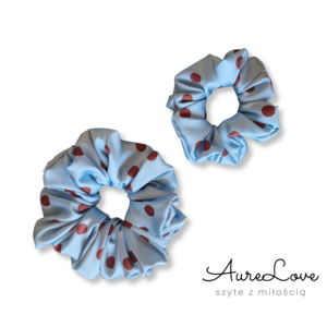 Scrunchie satynowa Kropki brąz – błękit