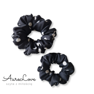 Scrunchie satynowa Kropki ecru na czarnym