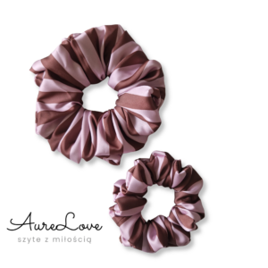 Scrunchie satynowa Paski brąz-róż