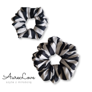 Scrunchie satynowa Paski czerń-ecru