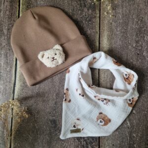 Czapka beanie prążek Miś + Apaszka